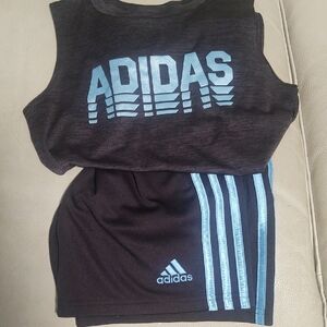 Adidas Boy's Black Tank Top & Shorts Set with Light Blue Logo